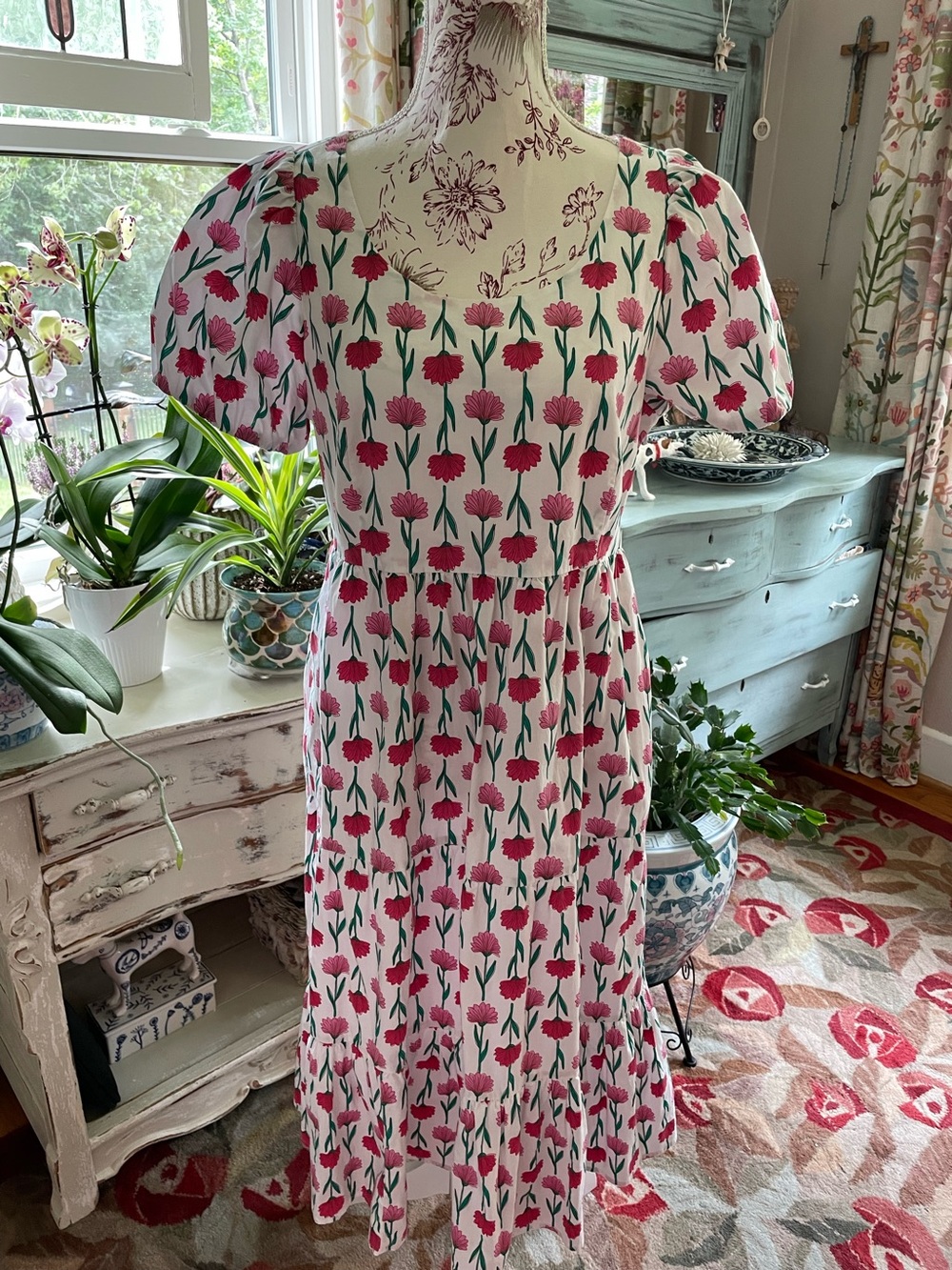 J.Crew Factory dress. Women’s White Floral Midi Dress with Pink Carnation Print